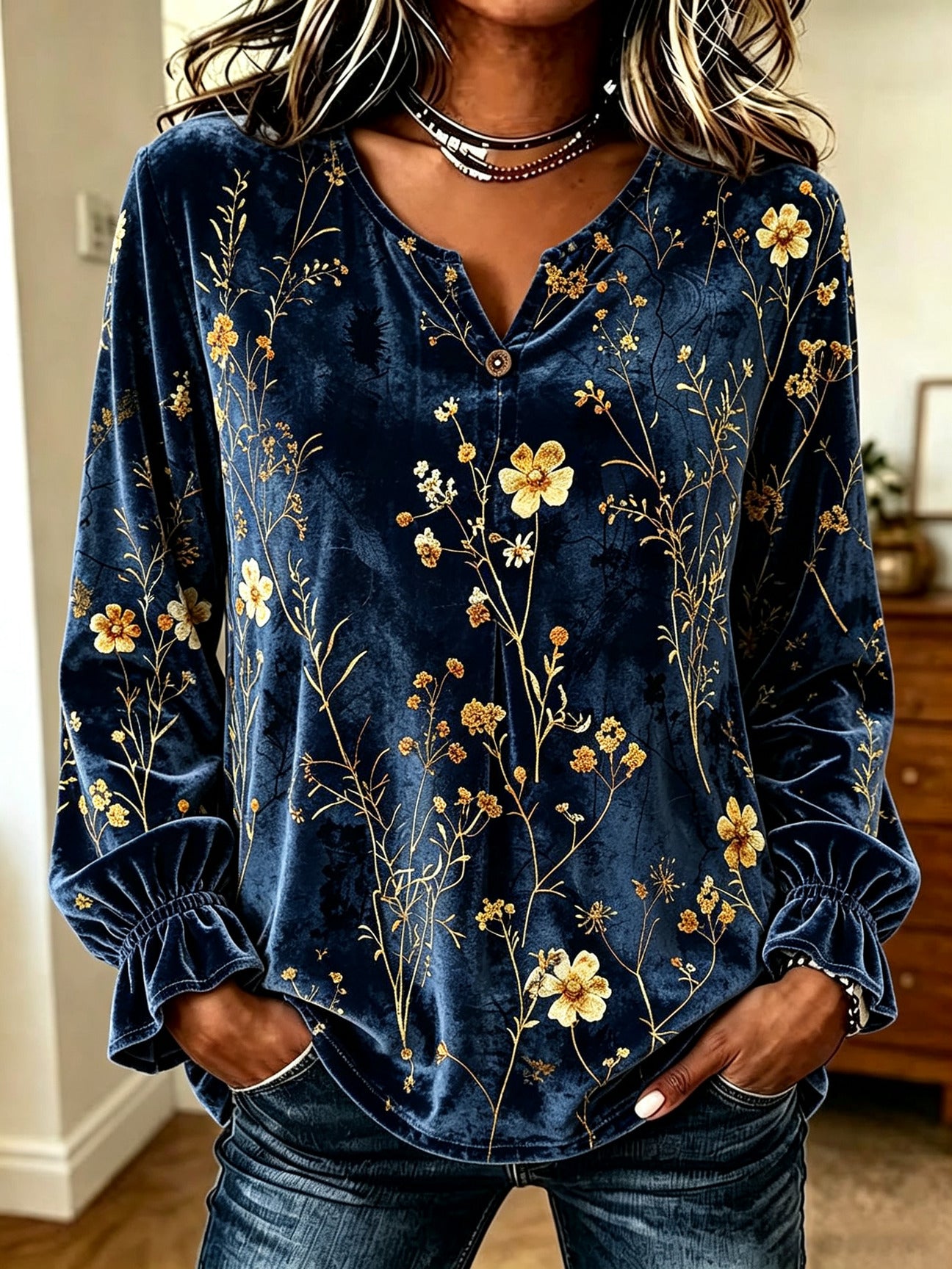 Navy Gold Floral Velvet Top