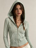 Sage Green Lace Trim Zip-Up Hoodie