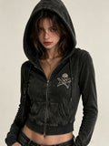 Black Acid Wash Skull Zip-Up Hoodie