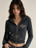 Black Acid Wash New York Zip-Up Hoodie