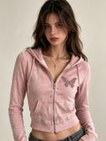 Pink Acid Wash Butterfly Zip-Up Hoodie