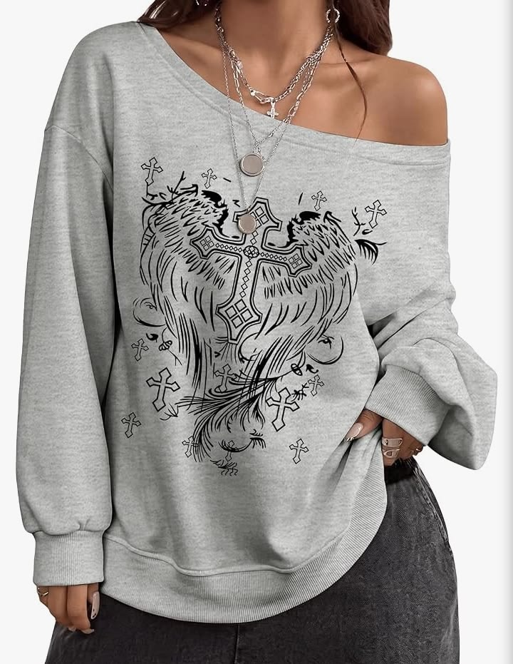 Grey Cross Graphic Off-Shoulder Sweatshirt