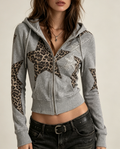 Grey Leopard Star Zip-Up Hoodie