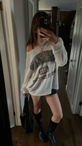 Cream Graphic Off-Shoulder Sweatshirt