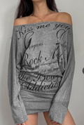 Grey Text Print Off-Shoulder Sweatshirt