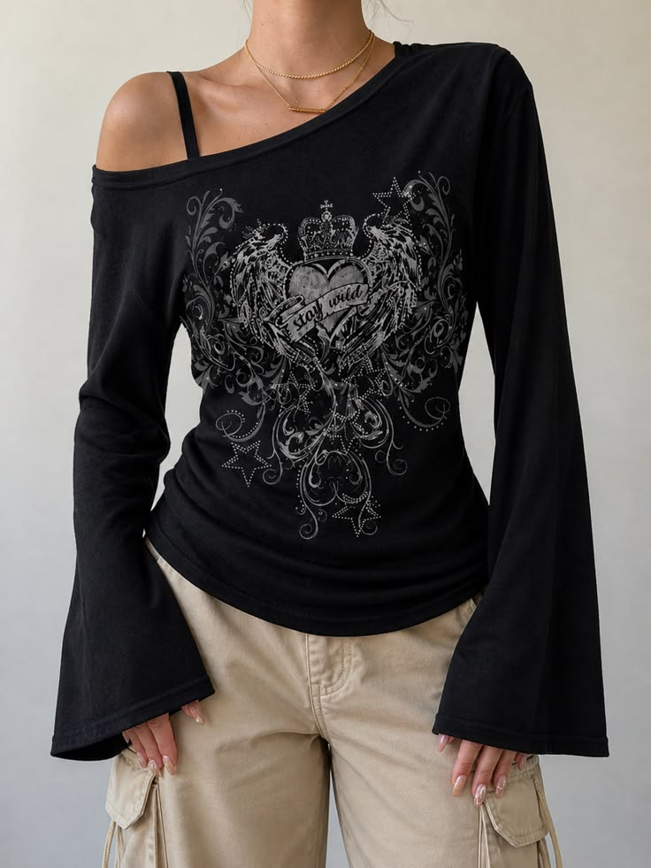 Black Gothic Cross Flared Sleeve Top