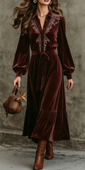 Burgundy Velvet Embroidered Maxi Dress