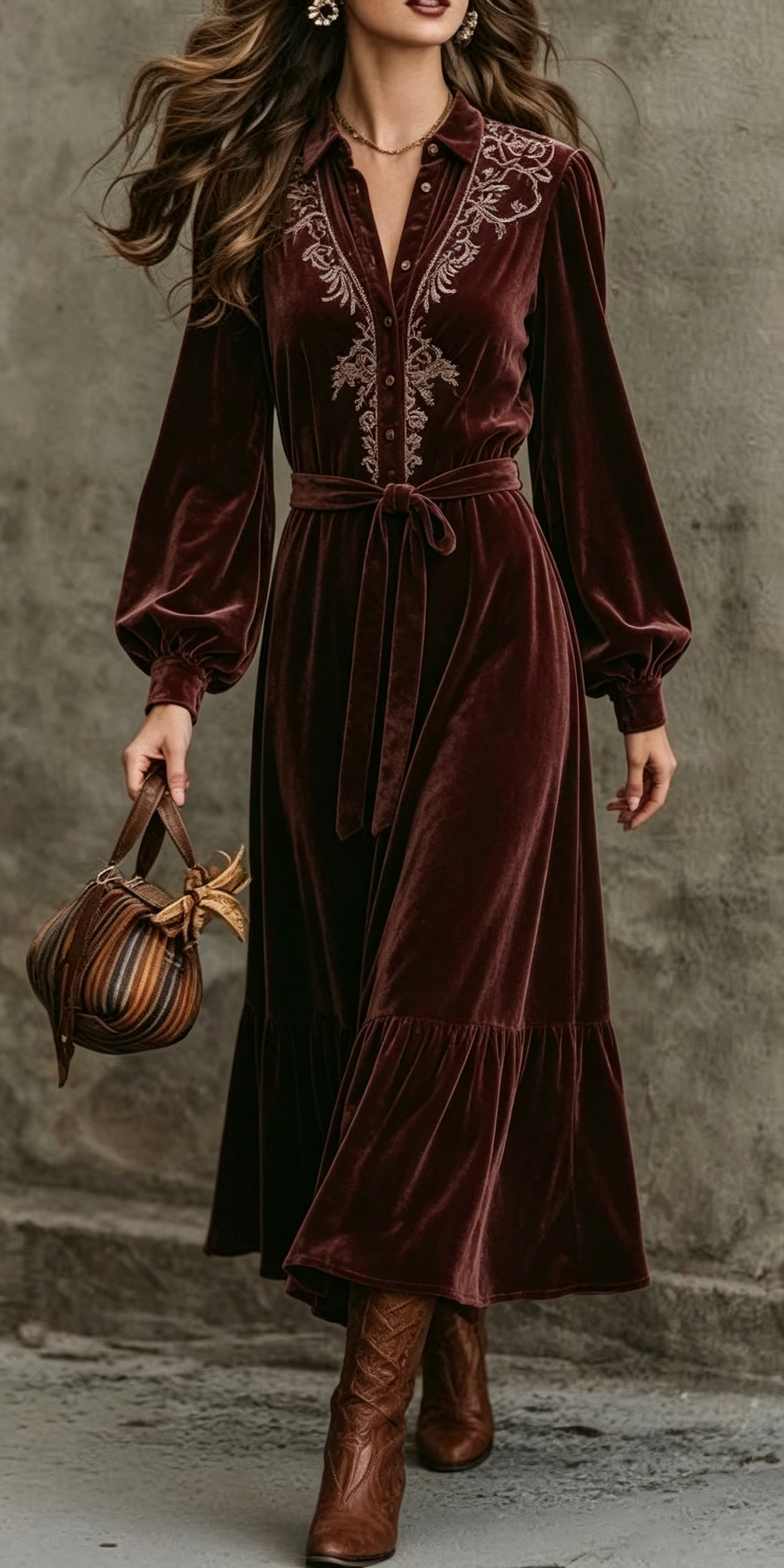 Burgundy Velvet Embroidered Maxi Dress