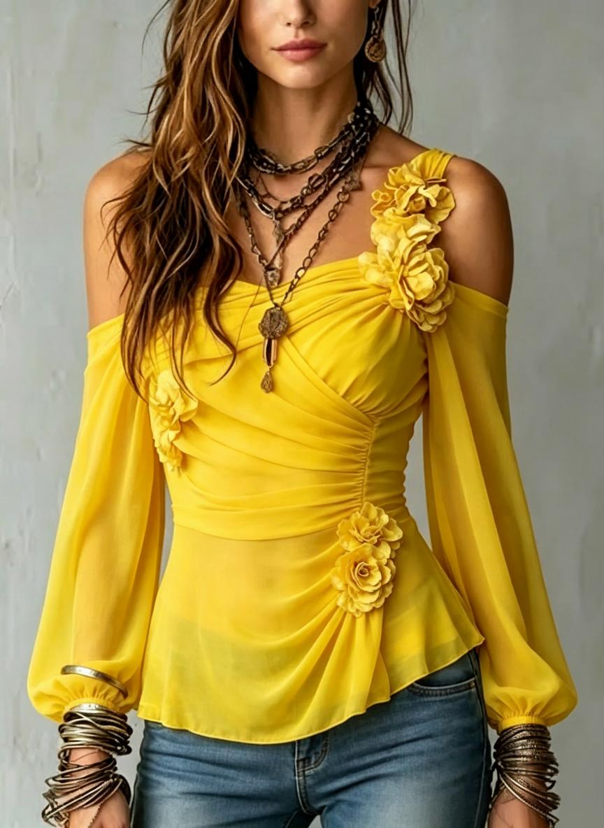Yellow Floral Applique Cold Shoulder Blouse