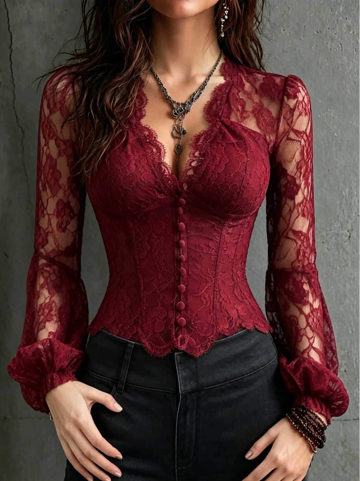 Burgundy Lace Corset Blouse