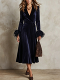 Navy Velvet Feather Cuff Wrap Dress