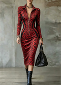 Red Leopard Zip-Up Midi Dress