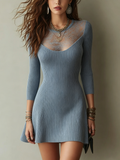 Blue Lace Yoke Ribbed Mini Dress