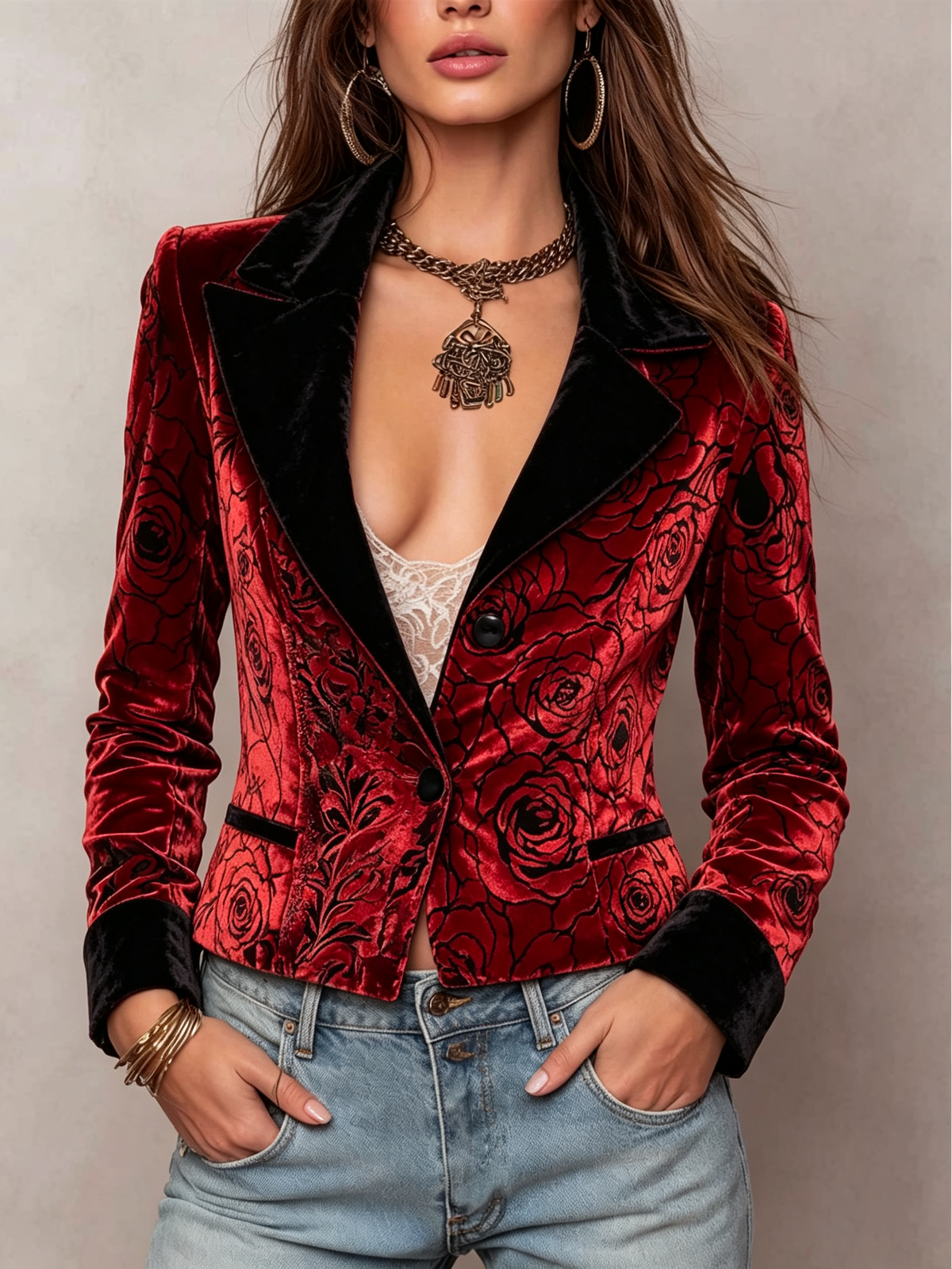 Red Velvet Rose Print Blazer