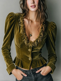 Olive Velvet Feather Trim Peplum Blouse