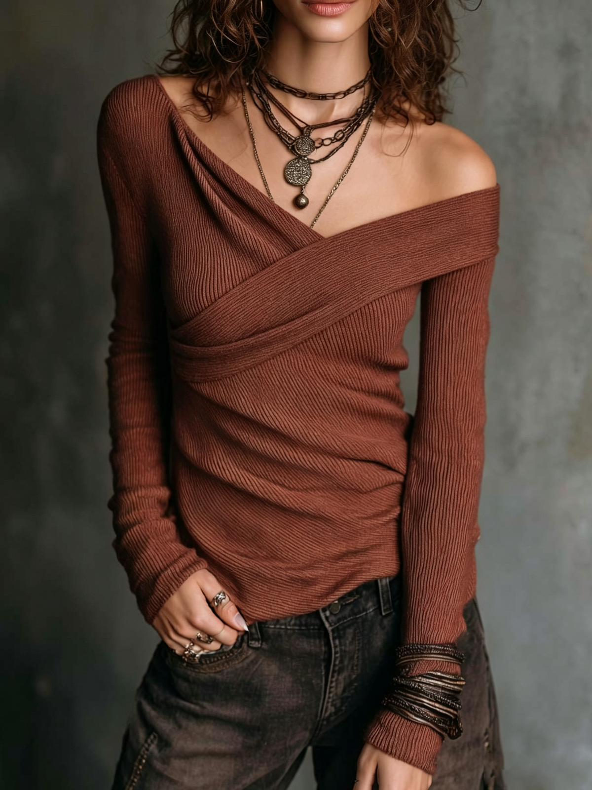Rust Ribbed Off-Shoulder Draped Top