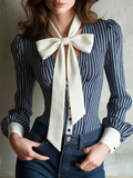 Navy Striped Bow Blouse