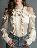 Cream Satin Ruffle Cold Shoulder Blouse