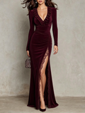 Burgundy Velvet Lace Trim Maxi Dress
