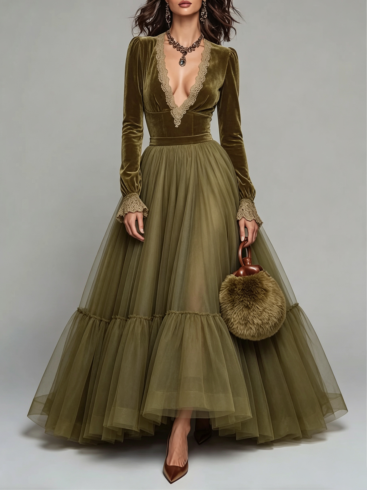 Olive Velvet Tulle Tiered Maxi Dress