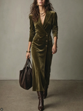 Olive Velvet Double-Breasted Midi Dress