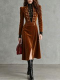 Rust Velvet Embroidered Military Midi Dress
