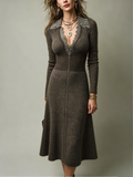 Brown Knit Zip-Up Collared Midi Dress
