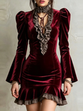 Burgundy Velvet Ruffle Bell Sleeve Mini Dress