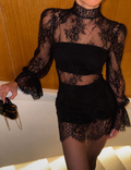 Black Sheer Lace Crop Top and Skirt Set