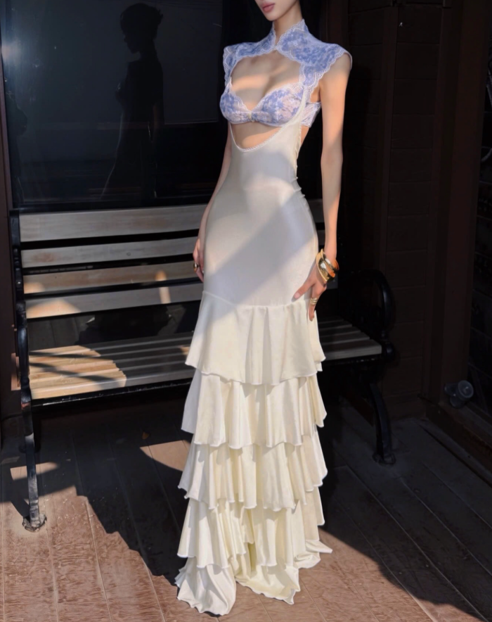 Cream Lace Tulle Tiered Maxi Dress
