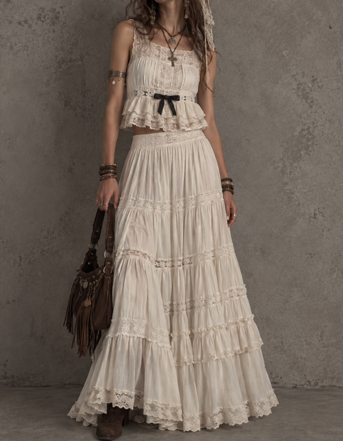 Cream Lace Ruffle Tiered Maxi Skirt