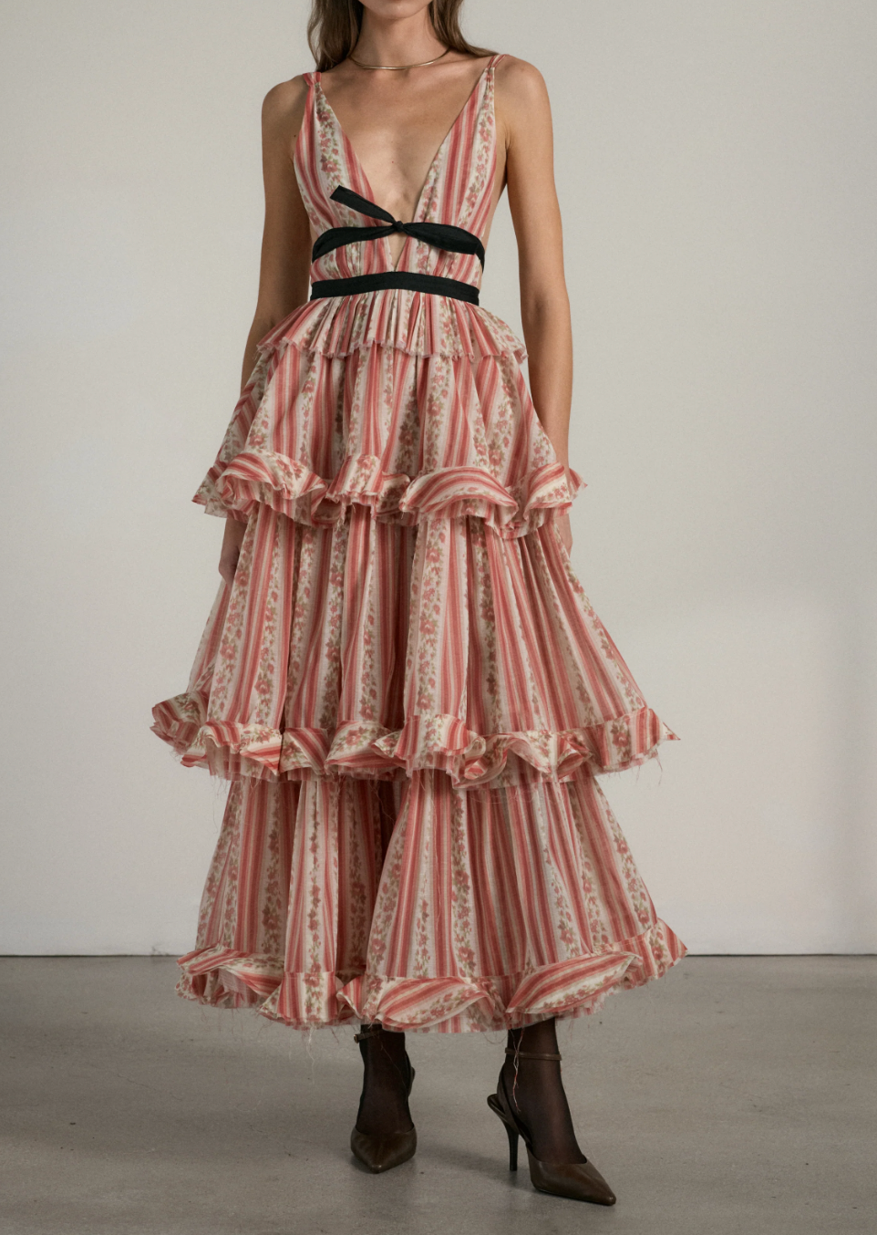 Pink Striped Ruffle Tiered Midi Dress