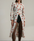 Cream Floral Print Split Front Midi Dress