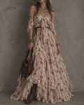 Cream Floral Chiffon Tiered Maxi Dress