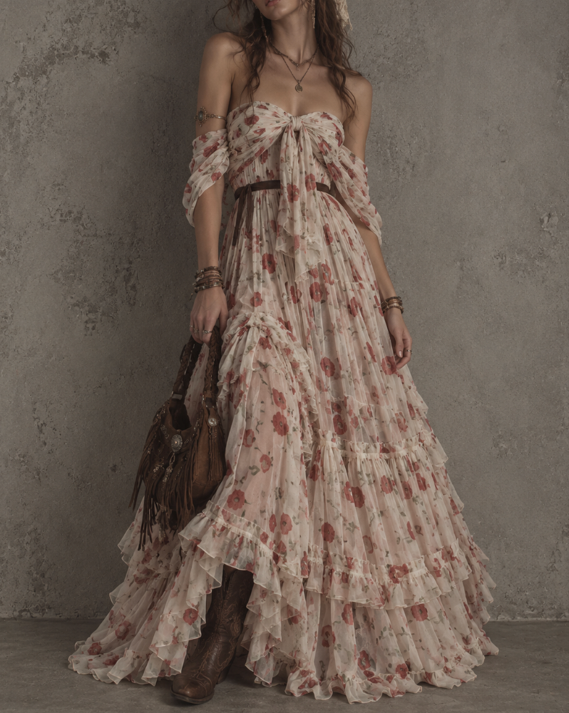 Cream Floral Chiffon Tiered Maxi Dress