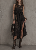 Black Sheer Lace Ruffle Midi Dress