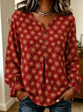 Red Gold Snowflake Button-Down Blouse