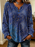 Blue Gold Leaf Print Button-Down Blouse