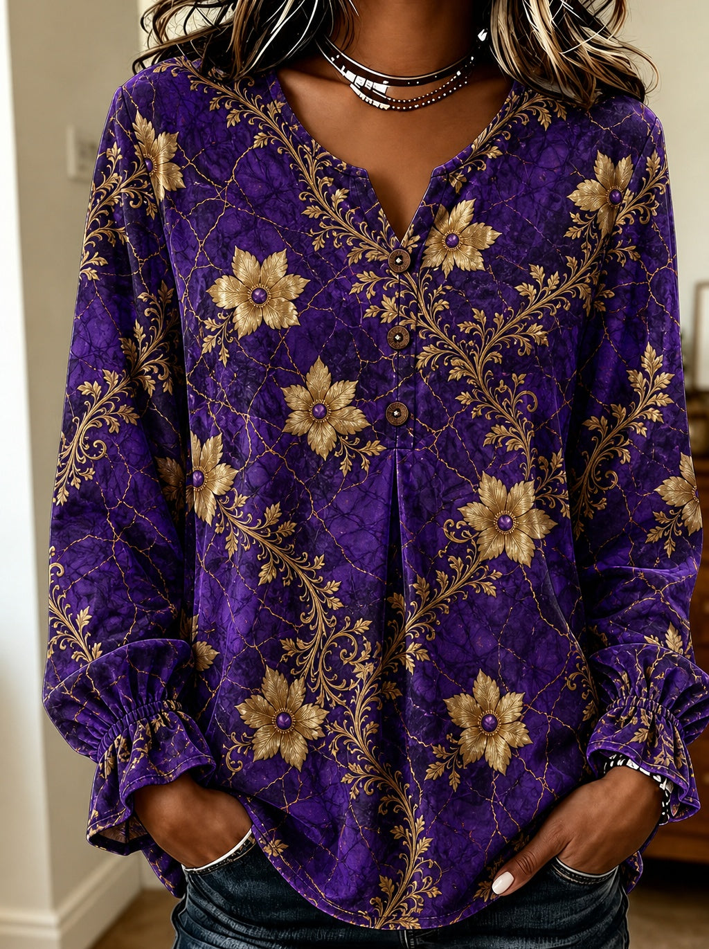Purple Gold Floral Button-Down Blouse