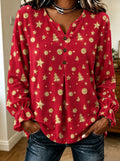 Red Gold Star Print Button-Down Blouse