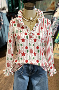 Cream Christmas Tree Print Button-Down Blouse