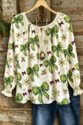 Cream Green Bow Print Blouse