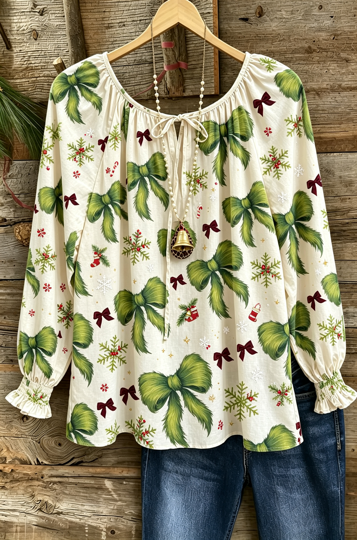 Cream Green Bow Print Blouse