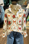 Cream Christmas Bow Print Ruffle Blouse