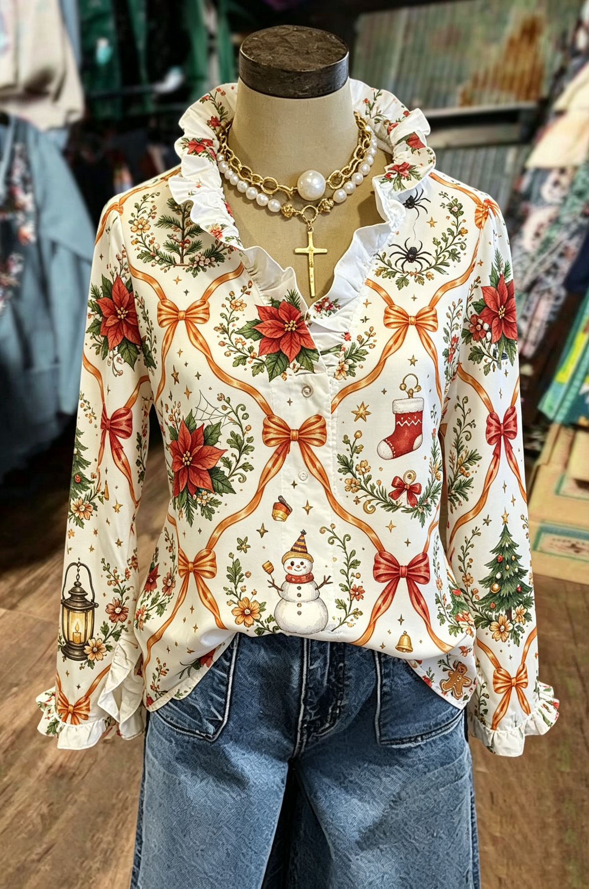 Cream Christmas Bow Print Ruffle Blouse