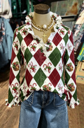 Green Plaid Christmas Print Button-Down Blouse