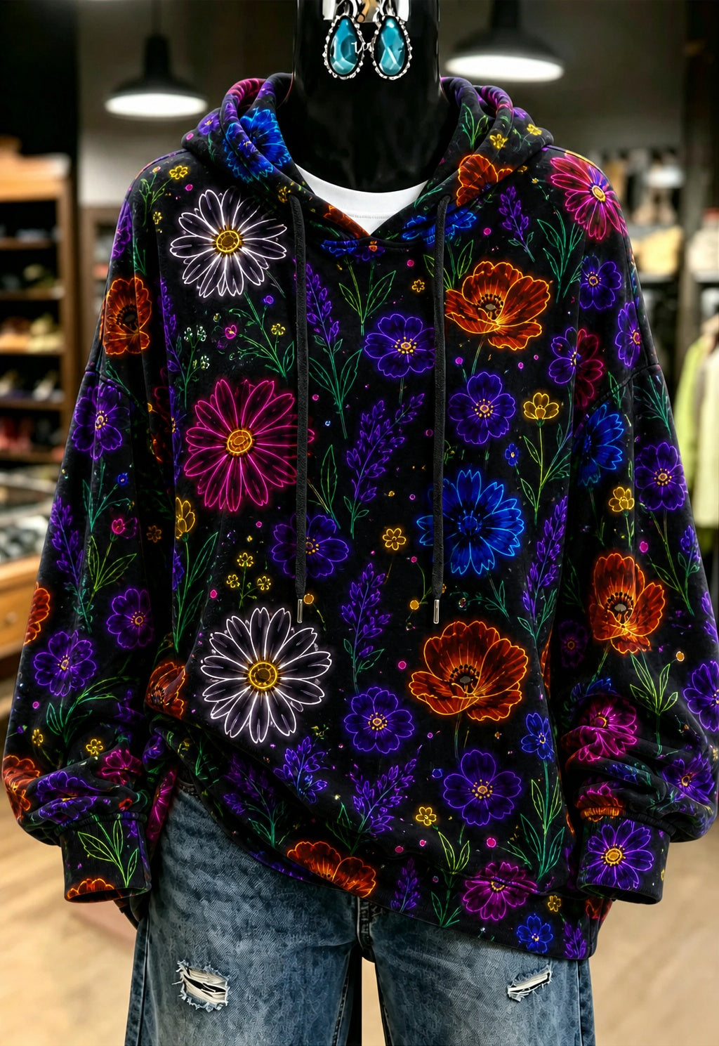 Black Colorful Floral Print Hoodie