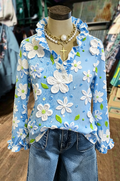 Blue Floral Embroidered Ruffle Blouse