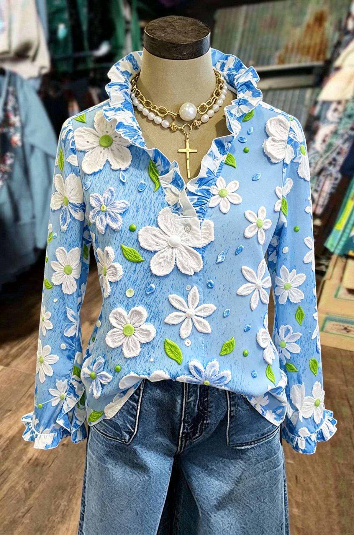 Blue Floral Embroidered Ruffle Blouse