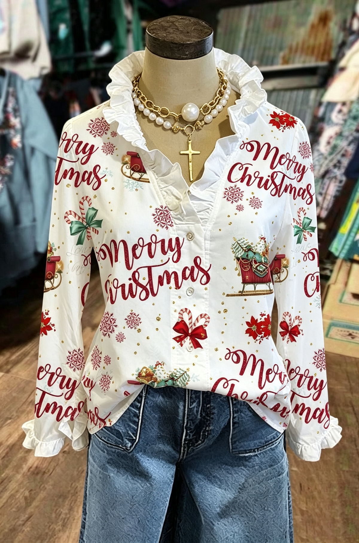 Cream Merry Christmas Print Blouse